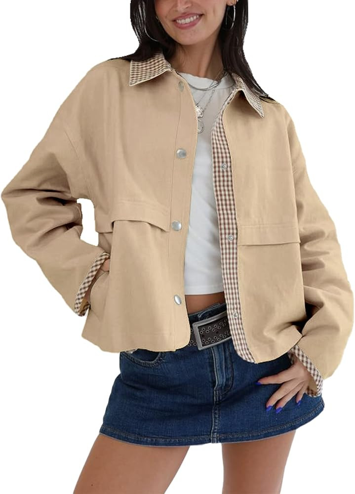 HOULENGS Womens Lightweight Button Down Cropped Barn Jackets Vintage Plaid Gingham Collar Outerwe... | Amazon (US)