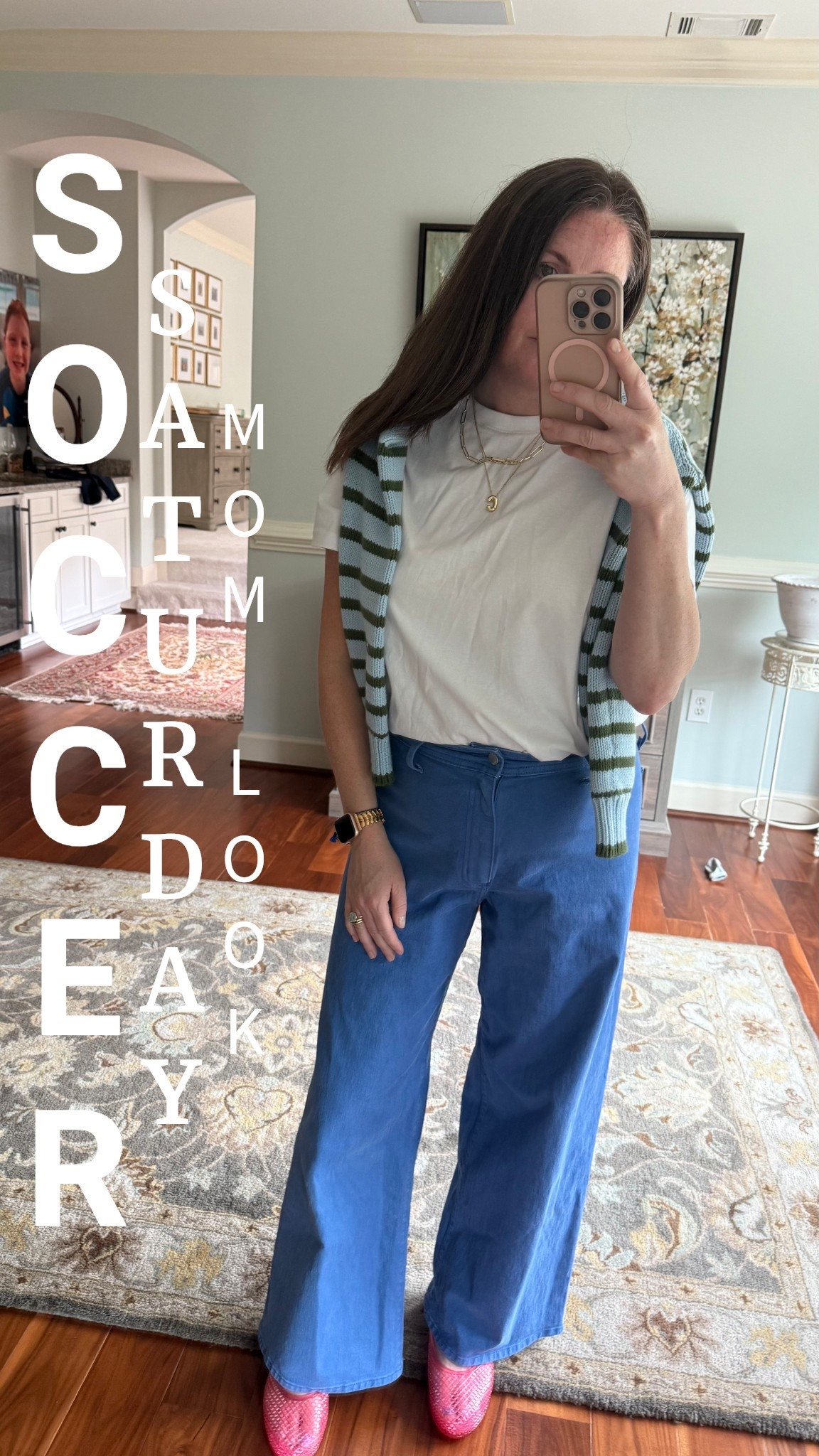 Soccer weekend mom outfit for the winter to Sprinf transition. Jelly ballet flats. Wide leg pants in a bright blue. Basic white tee. Striped summer swester. Stacked
Necklaces. . 

#LTKSeasonal #LTKOver40 #LTKTravel