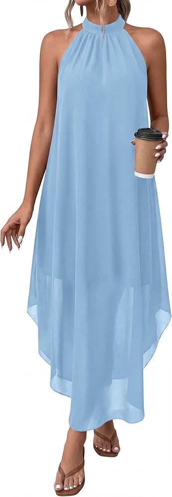 PRETTYGARDEN Summer Wedding Guest Dresses for Women 2026 Spring Long Flowy Halter Maxi Asymmetrical Beach Vacation Sundress | Amazon (US)