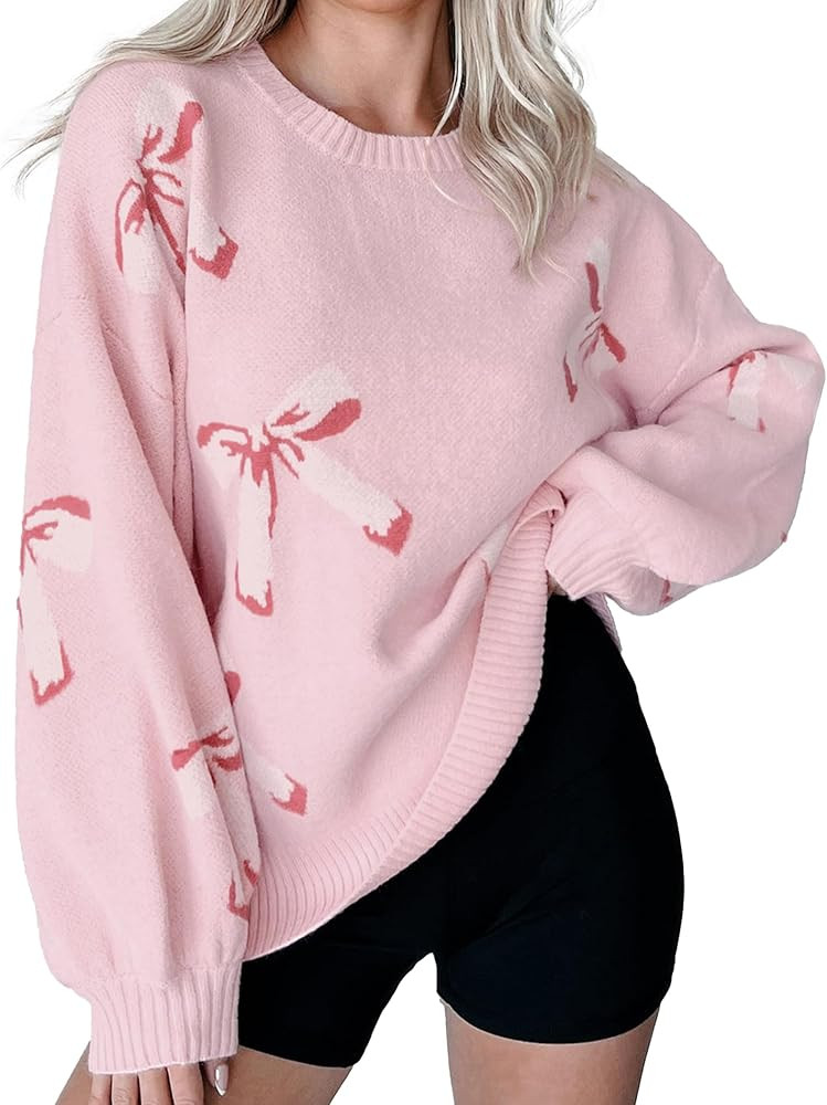 Womens Oversized Cute Bow Tie Sweater Spring 2025 Cozy Chunky Ribbed Knit Crewneck Long Sleeve Pu... | Amazon (US)