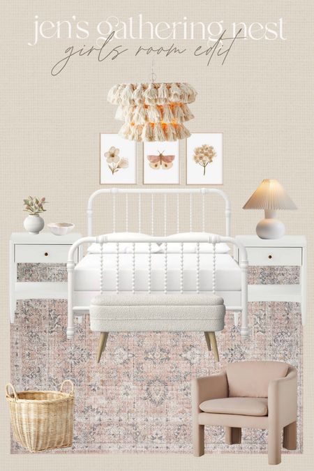 Girls room decor #girlsroom #toddlerroom #littlegirls #twinbed #vintagerug #girlsroominspo #lamp #bench #storagebench #tassellight #chandelier #artprints #basket 

#LTKkids #LTKhome #LTKfamily