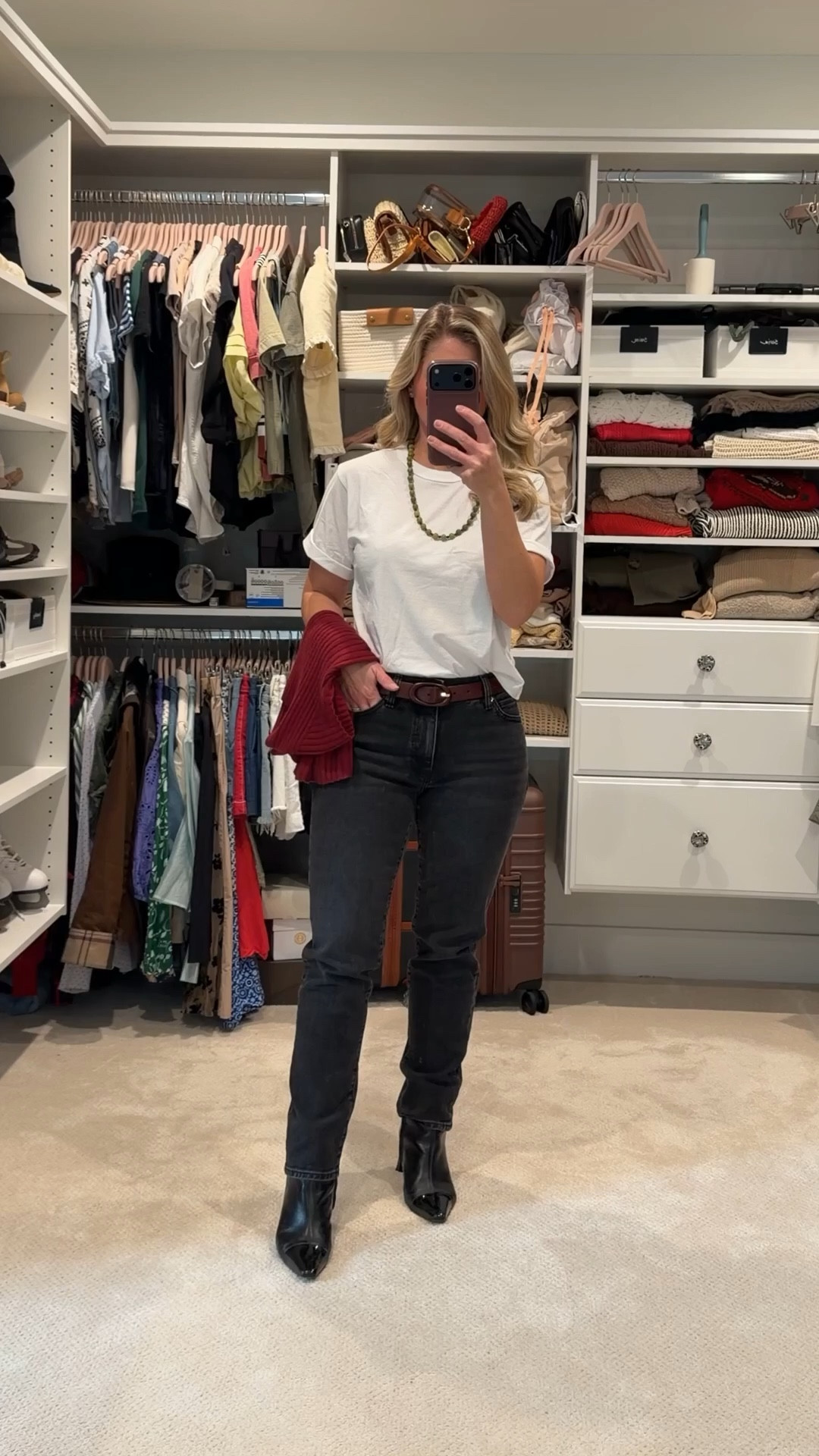 First NBA game in Cleveland tonight 🏀❤️ Had to subtly match the team colors with this red knit + dark denim combo.

Starting the evening sourcing new stone slabs (always mixing business with fun), then drinks and basketball. The perfect balance of work and play.

Classic tee, structured denim, sleek booties, and a pop of color makes this an easy day-to-night look.

Everything linked 🤍

#LTKSeasonal #LTKVideo #LTKstyletip