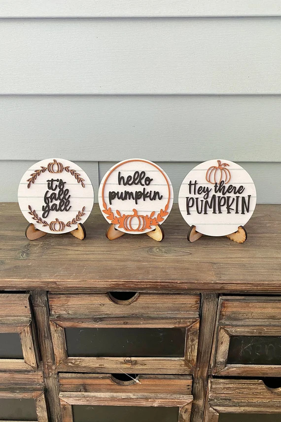 Fall Mini Round Shiplap Signs | Rustic | Farmhouse | Tier Tray Decor | 3D laser cut | Mini Sign | Etsy (US)