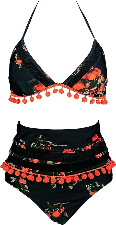 COCOSHIP Women's Mesh Striped High Waist Bikini Set Tassel Trim Top Halter Straps Swimsuit(FBA) | Amazon (US)