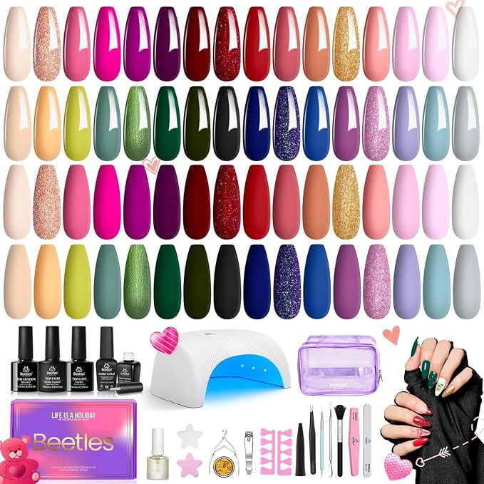Beetles Gel Nail Polish Kit with UV Light, 55 Pcs 32 Colors Valentines Gel Nail Polish Set Green ... | Amazon (US)