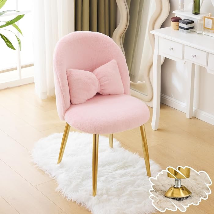 VINGLI Fluffy Girls Vanity Chair with Back & Pillow,Cute Small Cozy Desk Chair No Wheels,Comfy Ma... | Amazon (US)