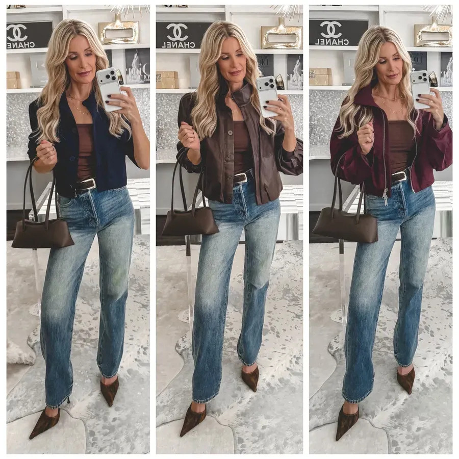 Nothing to wear? This fall outfit formula works every single time. The formula: straight leg jeans + brown top + brown belt. Then switch out the jacket. My base is the Pistola high-waisted straight leg jeans, my go-to straight leg pair. They're super flattering, and they're on sale right now. Here are 3 ways to style it: 1. Navy Quince cropped jacket, under $100. It's lightweight and cropped, so it's the perfect transition piece before the temperatures drop. 2. Brown faux leather high-collar bomber. It reminds me of a Saint Laurent jacket at a fraction of the price. 3. Burgundy bomber. The windbreaker-style material lets you dress it up or down depending on what you pair it with. Getting dressed is the first decision of your day, so make it an easy win. Sizing: everything runs true to size. I'm wearing an XS in all three jackets and a 24 in the jeans. Which jacket would you wear: 1, 2, or 3? 

 

#LTKootd #LTKgrwm #LTKOver40