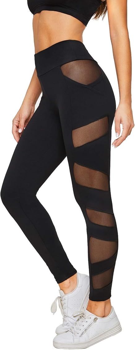 SweatyRocks Women's Mesh Panel Side High Waist Leggings Skinny Workout Yoga Pants | Amazon (US)