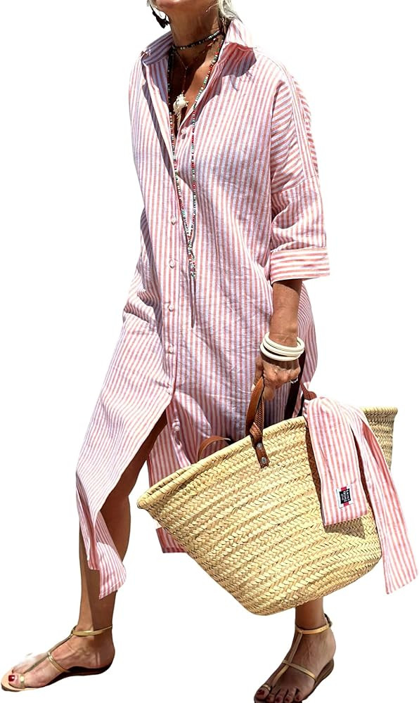 utcoco Womens 2025 Shirt Dress Casual Lapel 3/4 Sleeve Button Down Split Belted Vacation Maxi Dre... | Amazon (US)
