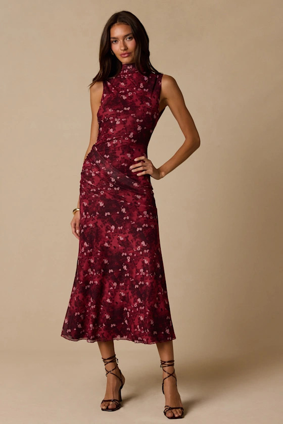 Neeka Burgundy Floral Sleeveless Midi Dress | Lulus