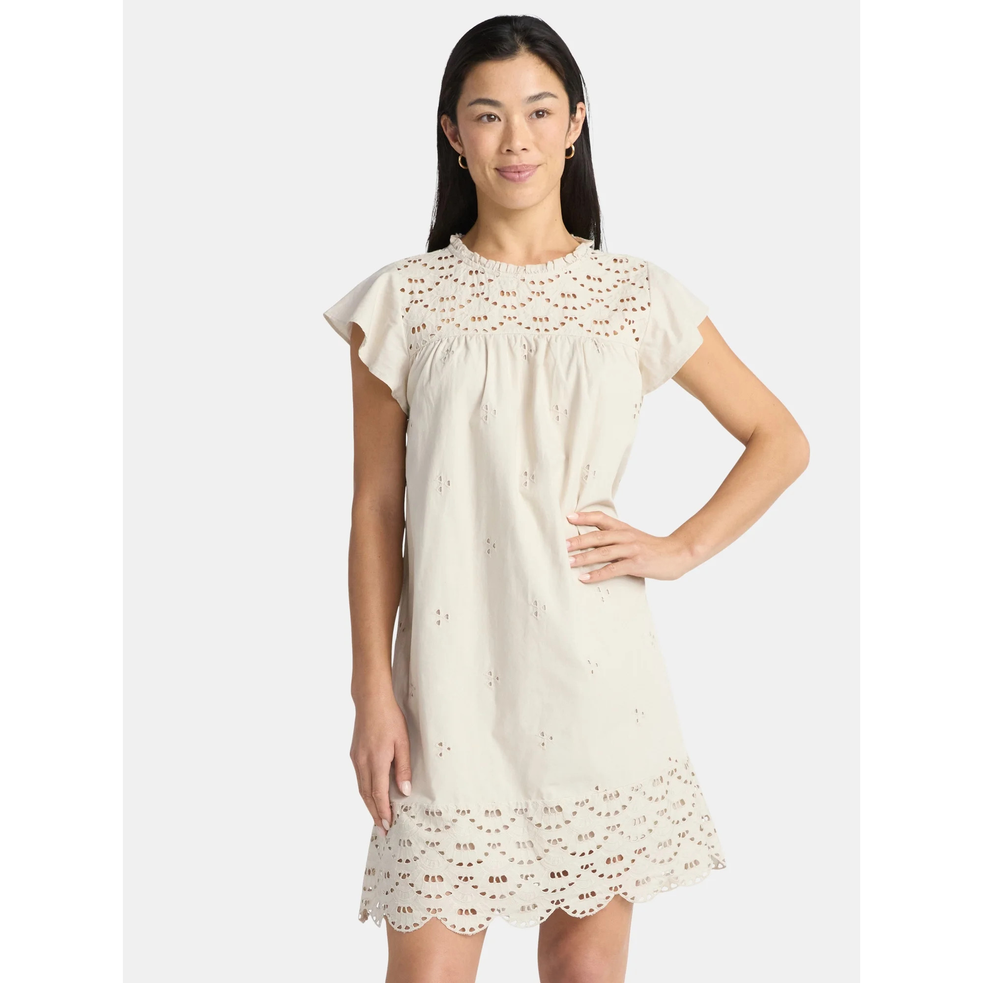 Time and Tru Women's Eyelet Mini Dress with Flutter Sleeves, Sizes XS-XXXL | Walmart (US)