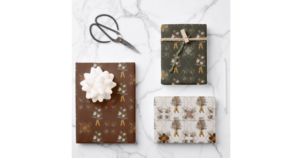 Christmas Collection | Floral Green, Red, Cream Wrapping Paper Sheets | Zazzle | Zazzle