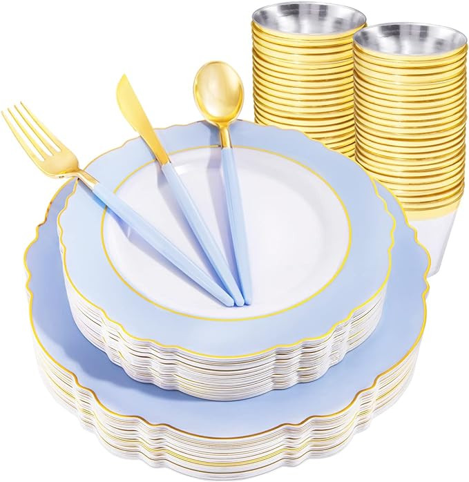WDF 150pieces Blue Plastic Plates with Gold Rim& Disposable Gold Plastic Silverware With Blue Han... | Amazon (US)