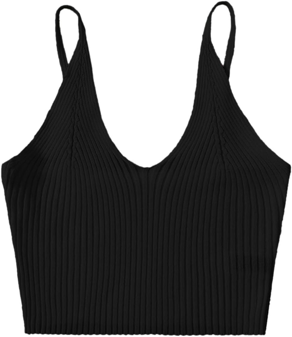SweatyRocks Women's V Neck Crop Cami Top Ribbed Knit Spaghetti Strap Sleeveless Vest | Amazon (US)