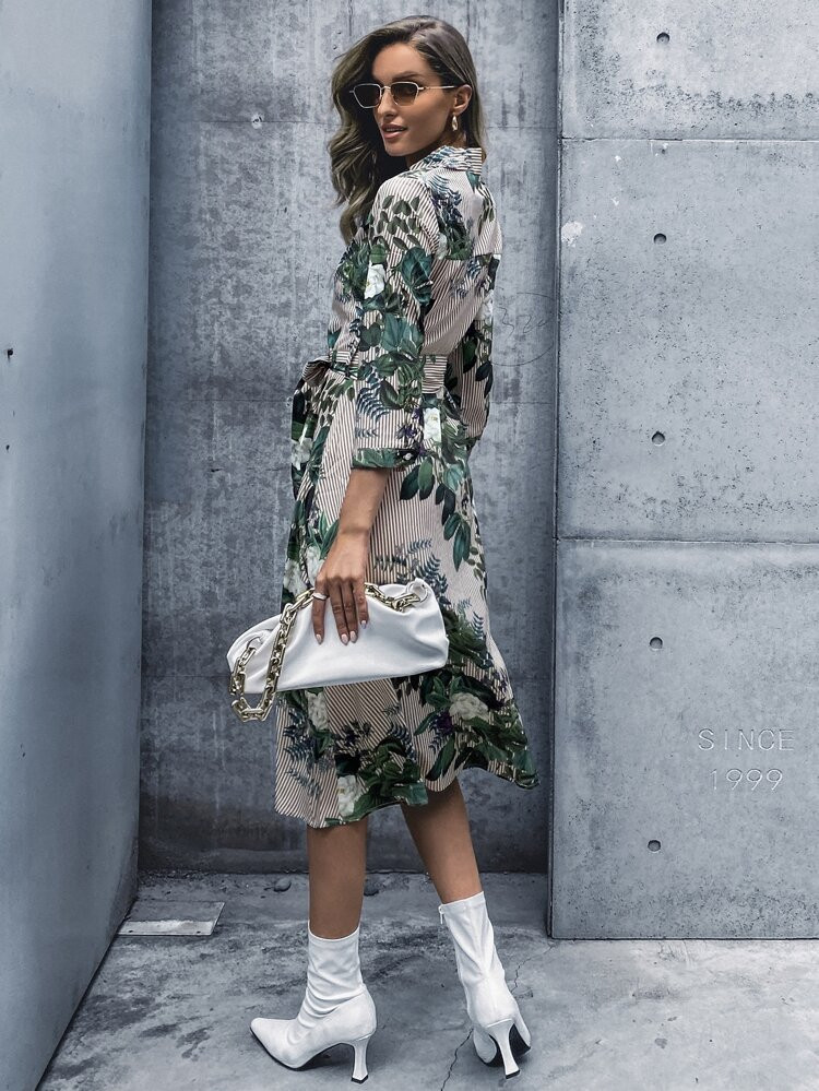 Floral Print Striped Button Up Belted Shirt Dress | SHEIN