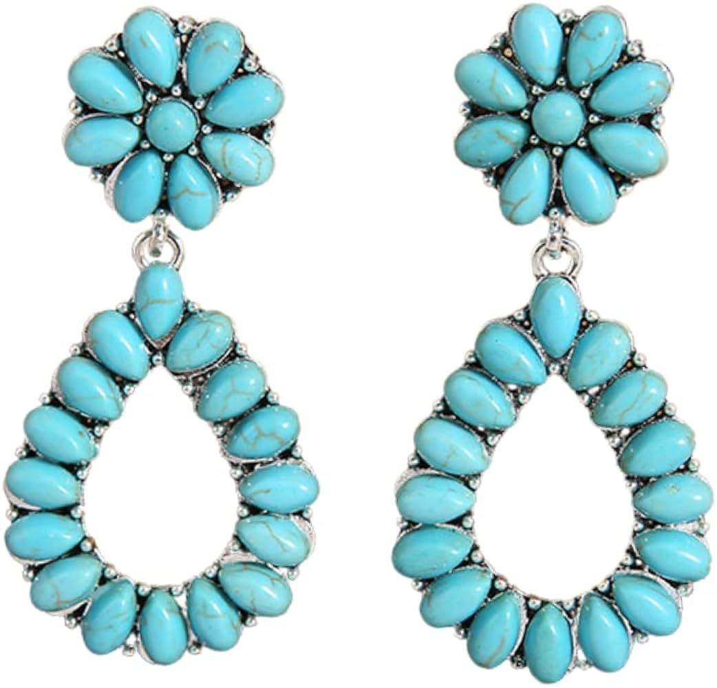 Bohemian Vintage Turquoise Oval Flower Drop Dangle Earrings Geometric Ethnic Teardrop Earrings We... | Amazon (US)