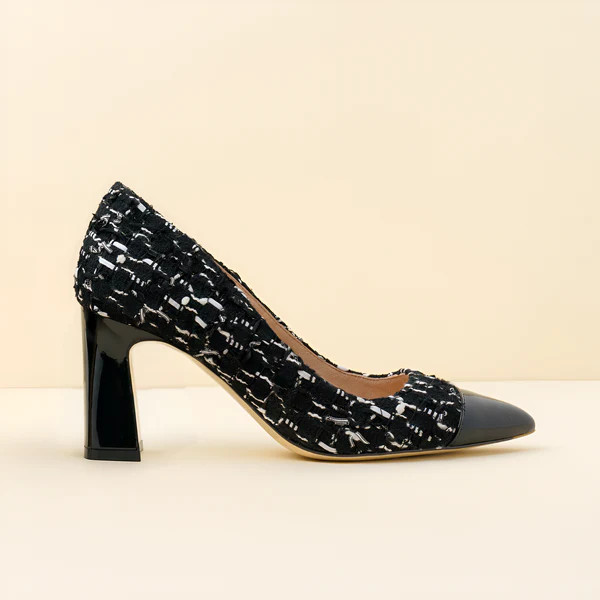 [Limited Edition FW'25] Black Fancy Tweed Cap Toe Bold Block Heel Pump | ALLY Shoes