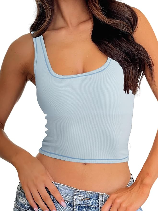 Danysu Women Rib Tank Top Padded Workout Top Square Neck Crop Tank Fitted Basic Cami Tops | Amazon (US)