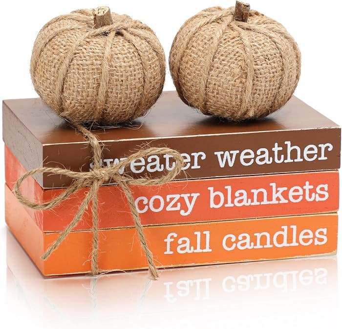 Fall Tiered Tray Decor, Wood Book Stack with Maple Leaves & Pumpkins | Amazon (US)