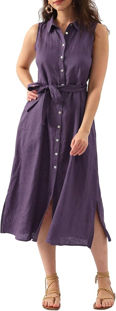 Amazhiyu Womens Pure Linen Summer Button Down Midi Dresses with Pockets and Belt | Amazon (US)