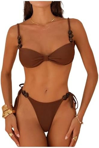 SHENHE Women's String Bikini Set 2 Piece Side Tie Ruched Beads Low Rise Padded Swimsuits | Amazon (US)