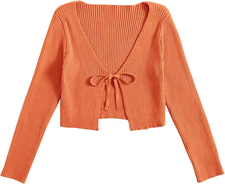 Floerns Women's Tie Front Long Sleeve Ribbed Knit Shrug Cardigan Crop Top | Amazon (US)