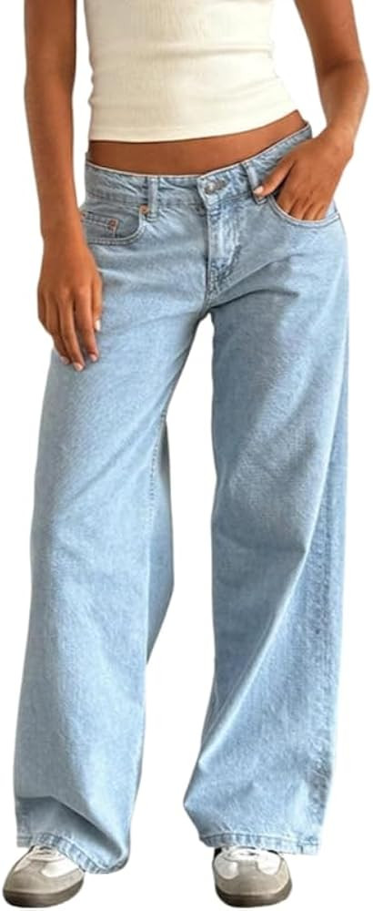 Women Y2K Low Rise Baggy Jeans Loose Fit Boyfriend Straight Wide Leg Denim Pants Streetwear Trous... | Amazon (US)