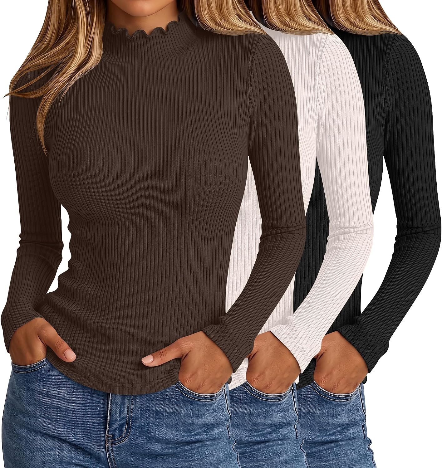 LOMON 3 Pack Women's Ribbed Mock Turtleneck Shirts Slim Fit Basic Tops | Amazon (US)