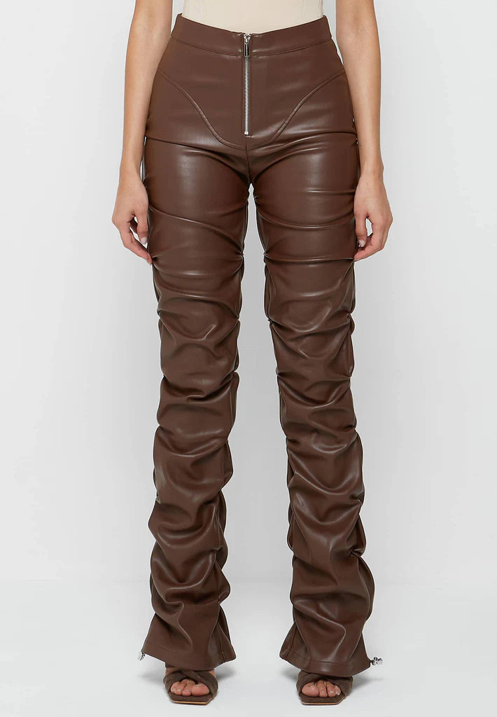 Tacked Vegan Leather Flared Trousers - Chocolate Brown | Maniere De Voir
