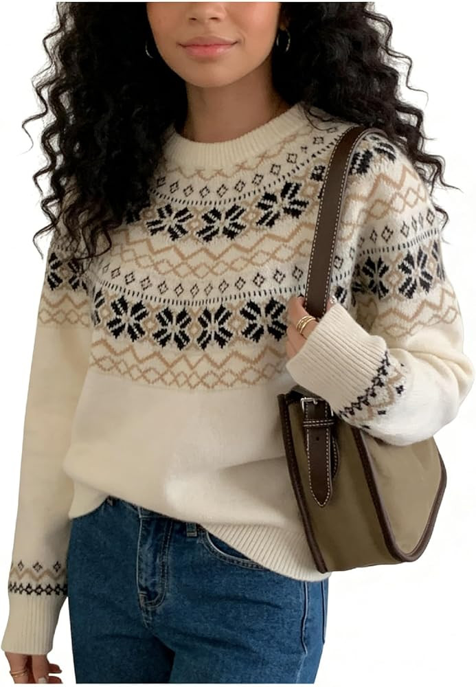 SHENHE Women's Crew Neck Jacquard Knitted Casual Loose Long Sleeve Pullover Sweater Tops | Amazon (US)