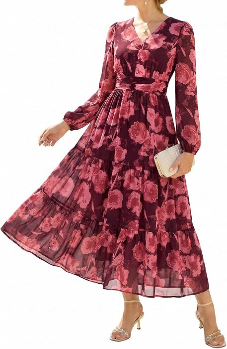 GRACE KARIN Women's Floral Maxi Dress Long Sleeve Wedding Guest Dresses | Amazon (US)