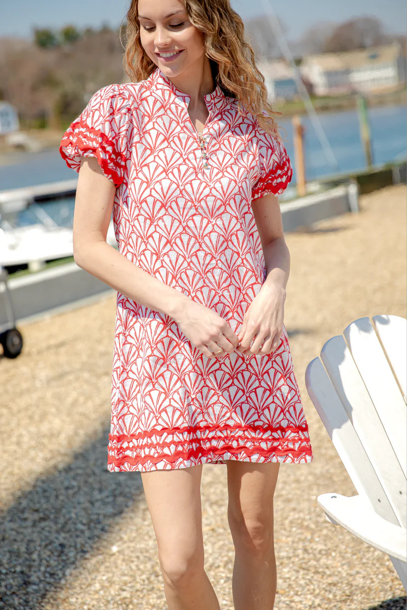 Red Seashell Print Puff Sleeve Button Front Mini Dress | Sail to Sable
