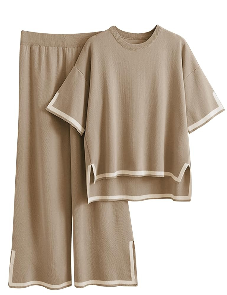 Tanming Sweater Sets Women 2 Piece Lounge Sets Short Sleeve Knit Pullover Tops Wide Leg Pants | Amazon (US)
