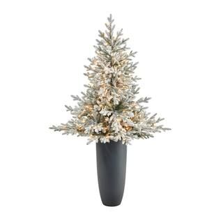 Nearly Natural 5 ft. Flocked Fraser Fir Artificial Christmas Tree with 300 Warm White Lights and ... | The Home Depot