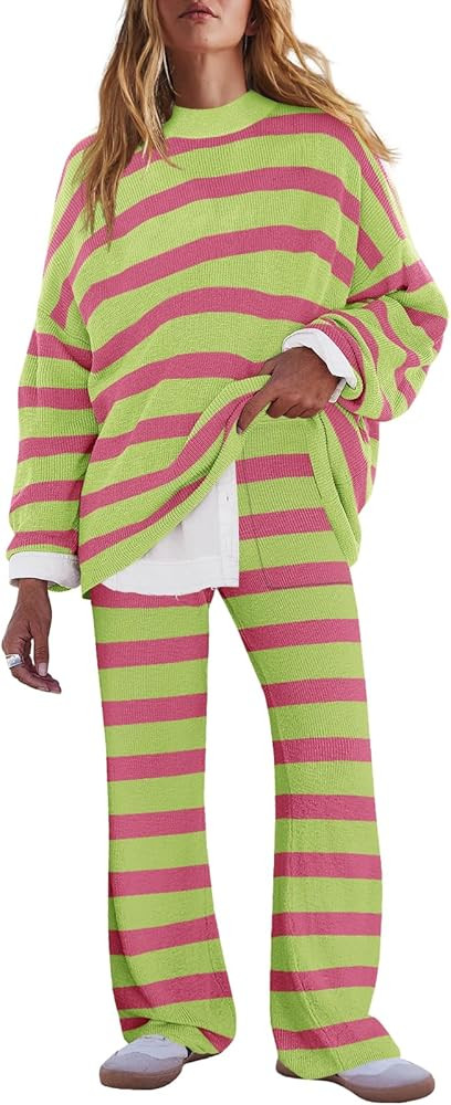 LAMISSCHE Oversized Womens Lounge Set Striped Sweater Set Long Sleeve 2 Piece Pajama Set Top and ... | Amazon (US)