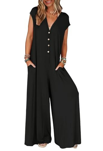 MEROKEETY Women's 2025 Summer Cap Sleeve Jumpsuits Deep V Neck Button Onesie Wide Leg Pants Rompers,Black,M | Amazon (US)