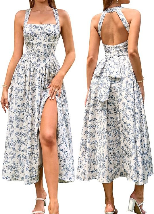 EYNMIN Floral Midi Dress Halter Neck Flowy A Line Split Lace Up Wedding Guest Dresses Casual Sund... | Amazon (US)
