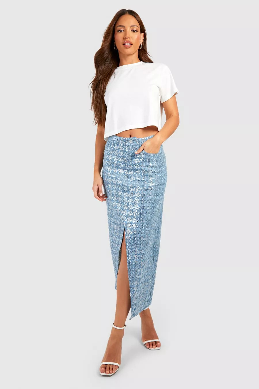 Tall Sequin Denim Midi Skirt | boohoo (US & Canada)
