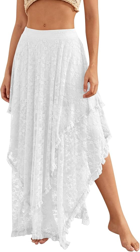 YKR Womens Lace Long Skirts Elastic Asymmetrical Layered Hem Sexy See-Through Flowy Skirts Floral... | Amazon (US)