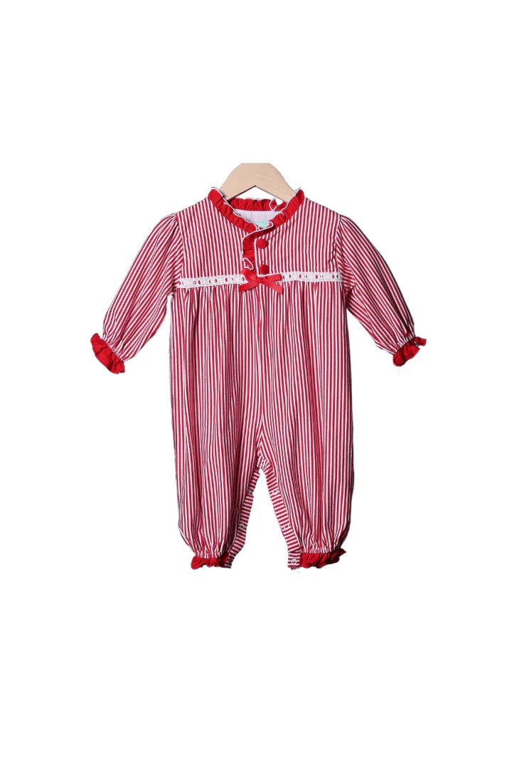 Red Christmas Stripe Ruffle Romper Pajamas | The Smocked Flamingo