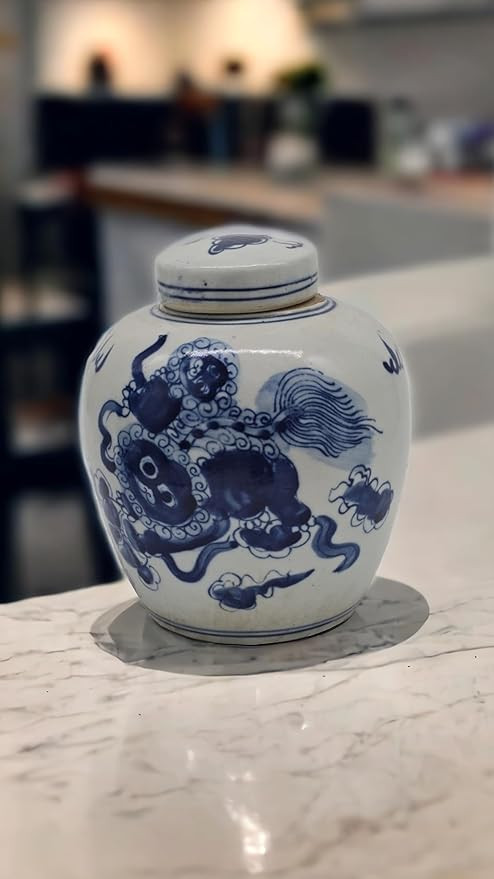 Retro Antique Like Style Blue and White Porcelain Lion Dancing Ceramic Covered Ginger Jar Vase, C... | Amazon (US)