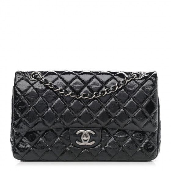 CHANEL Distressed Patent Quilted Medium Double Flap Black | FASHIONPHILE (US)