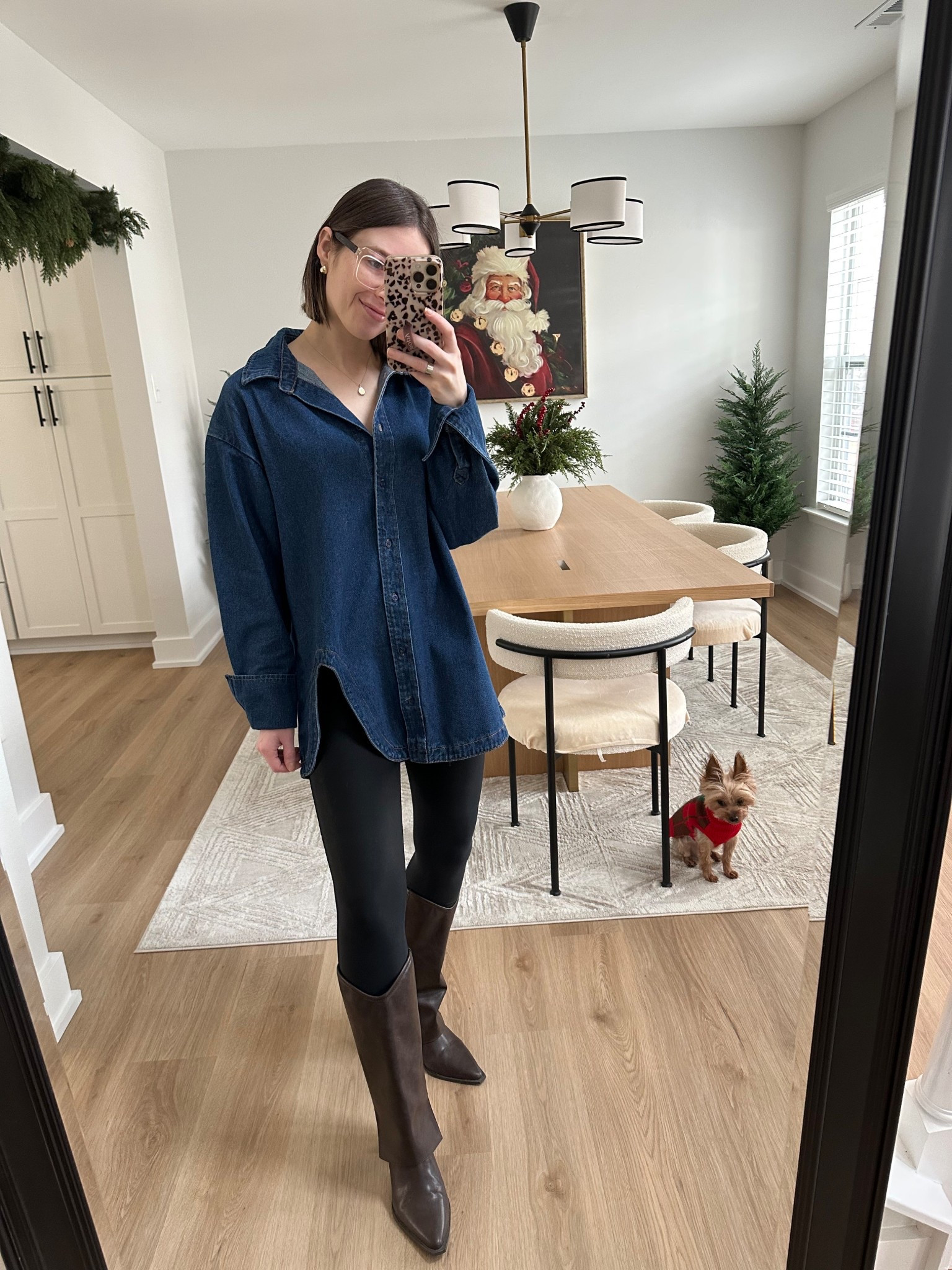 Shopbop Lioness Off Duty dark wash denim shirt with cutout size xs tts - comes in multiple colors 

Spanx faux leather leggings size small tts but I prefer the petite length for less bunching on the ankles. I’m 5’3”

These chocolate brown foldover boots are SO cute and easy to walk in - thinking about grabbing them in black too!

Denim shirt, denim top, structureed denim top, dark denim, dark wash denim, foldover boots, brown boots, chocolate brown, fall boots, knee high boots

#LTKSaleAlert #LTKootd #LTKHoliday