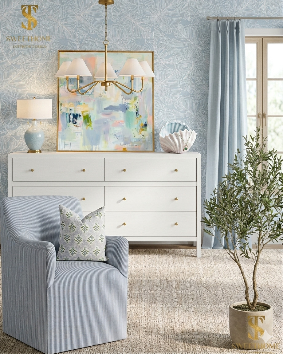 #stsweethome.  accent chair, coastal living, dresser, white and bleu, overhead lighting, olive tree, curtained, table lamp.  

 #LTKHome #LTKSaleAlert