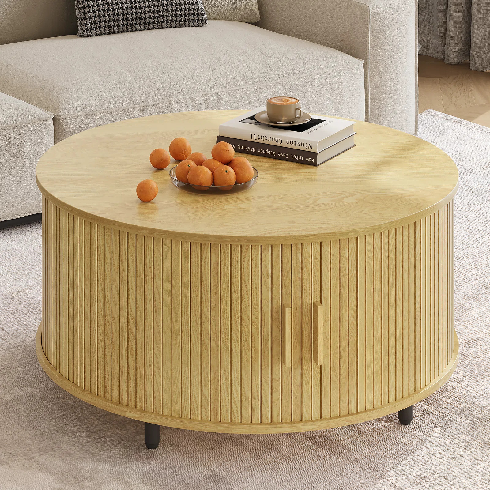 31.5" Modern Round Coffee Table With 360° Curved Sliding Door. | Wayfair North America