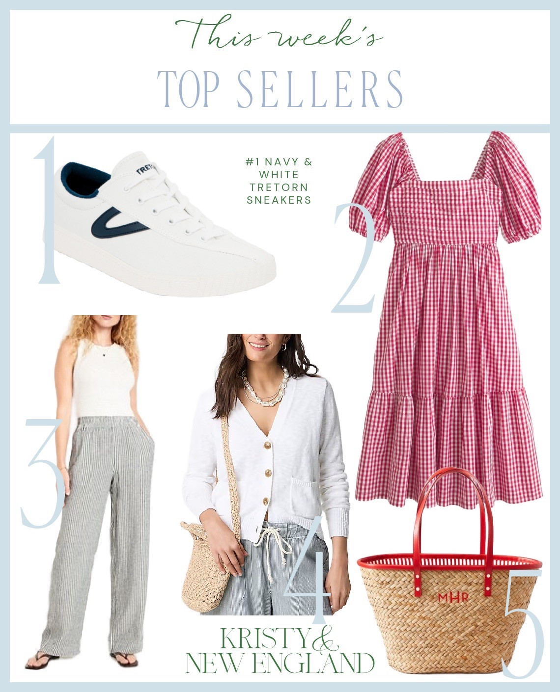 Top Sellers of the Week #1 Navy & White Tretorn Sneakers #2 Red Gingham Dress #3 Blue Striped Linen Pants #4 Vneck White Beach Cardigan #5 Large Straw Tote Bag

#LTKOver40 #LTKSummerEdit #LTKFindsUnder100