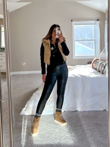 Casual weekend outfit and loungewear - all on sale! Use code laurenmxspanx for my faux leather leggings! 

M tops, s vest, mp leggings, size up .5 in snowboots 

#puffervest #winteroutfit #boots

#LTKSeasonal #LTKsalealert #LTKshoecrush