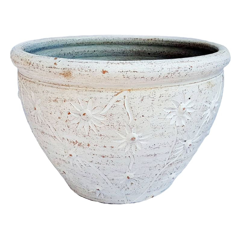 White Chamomile Textured Outdoor Clay Planter, Medium | At Home