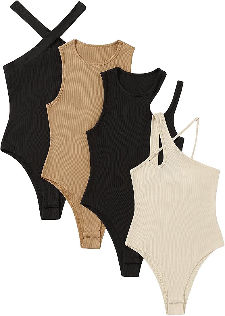 MakeMeChic Women's 4 Piece Sexy Bodysuits Casual Solid Sleeveless Ribbed Knit Shapewear Tank Top ... | Amazon (US)