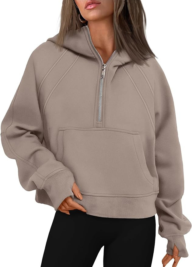 WYNNQUE Womens Quarter Zip Pullover Cropped Hoodies Long Sleeve Fleece Half Zip Sweatshirts Fall ... | Amazon (US)